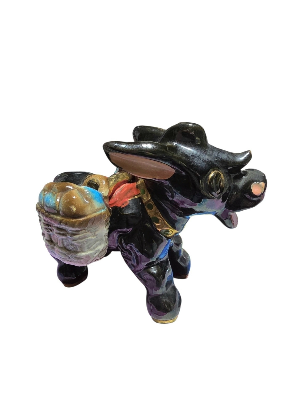 Vintage Black Hand-Painted Ceramic Donkey Figurine with Multicolor Accents